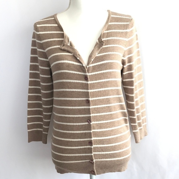 *4/$20* Leo & Nicole Tan White Stripe Knit Sweater - Picture 1 of 8